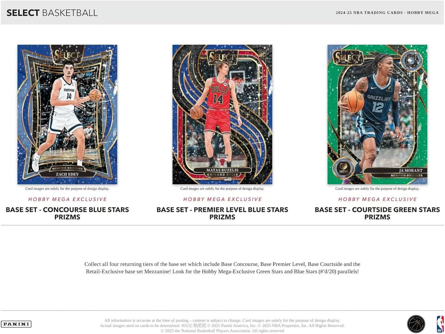 Basketball trading card display with three cards featuring different players on a white background. 2024-25 Panini Select Basketball Mega Hobby Box at GamesLand Canada