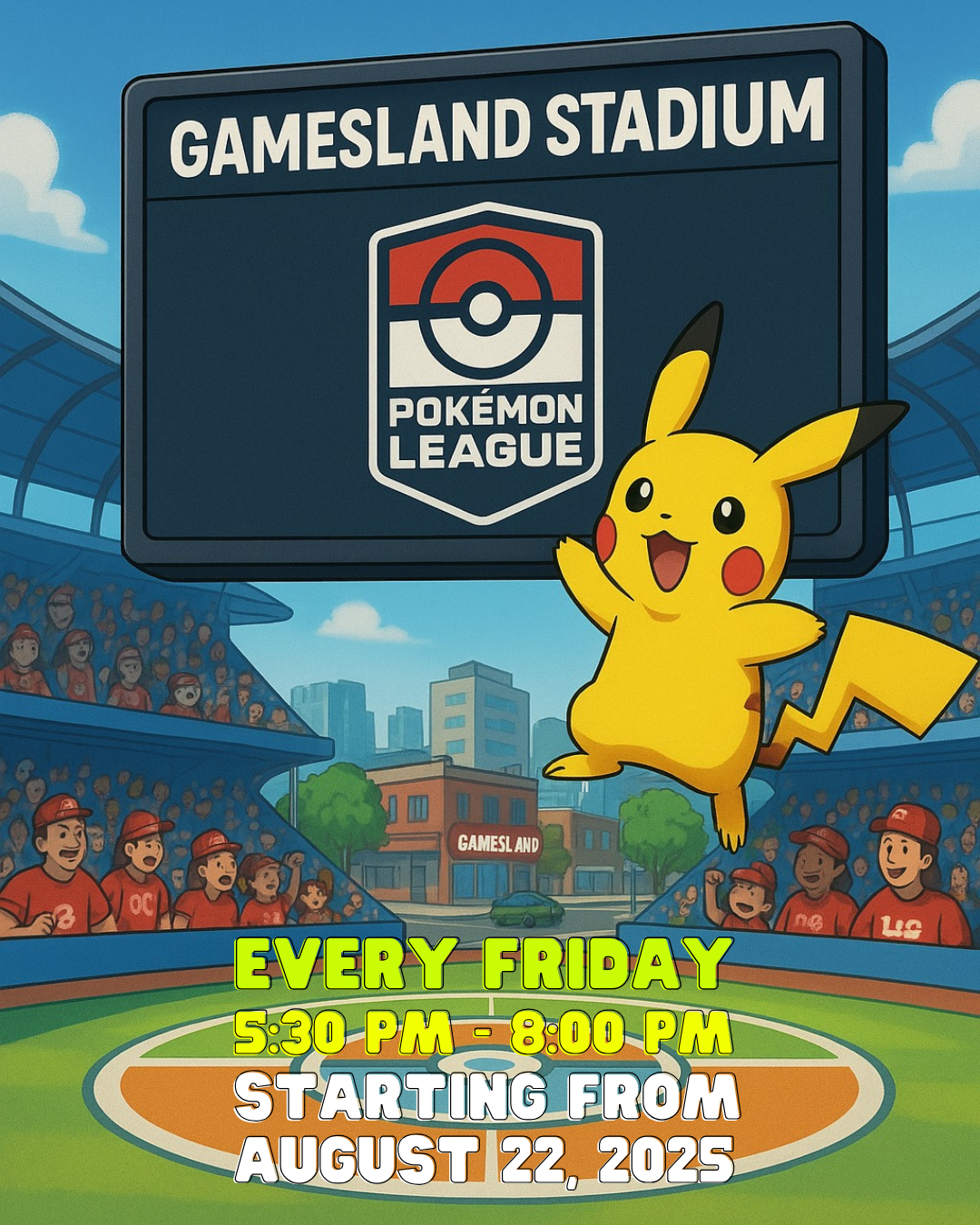 Promotional graphic for a Pokémon League event at Gamesland Stadium with Pikachu.