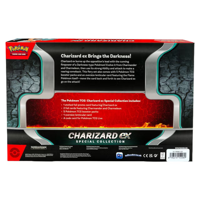 Back of a Pokémon TCG Charizard ex Special Collection card box, showing product description text, artwork, and branding on a white background.