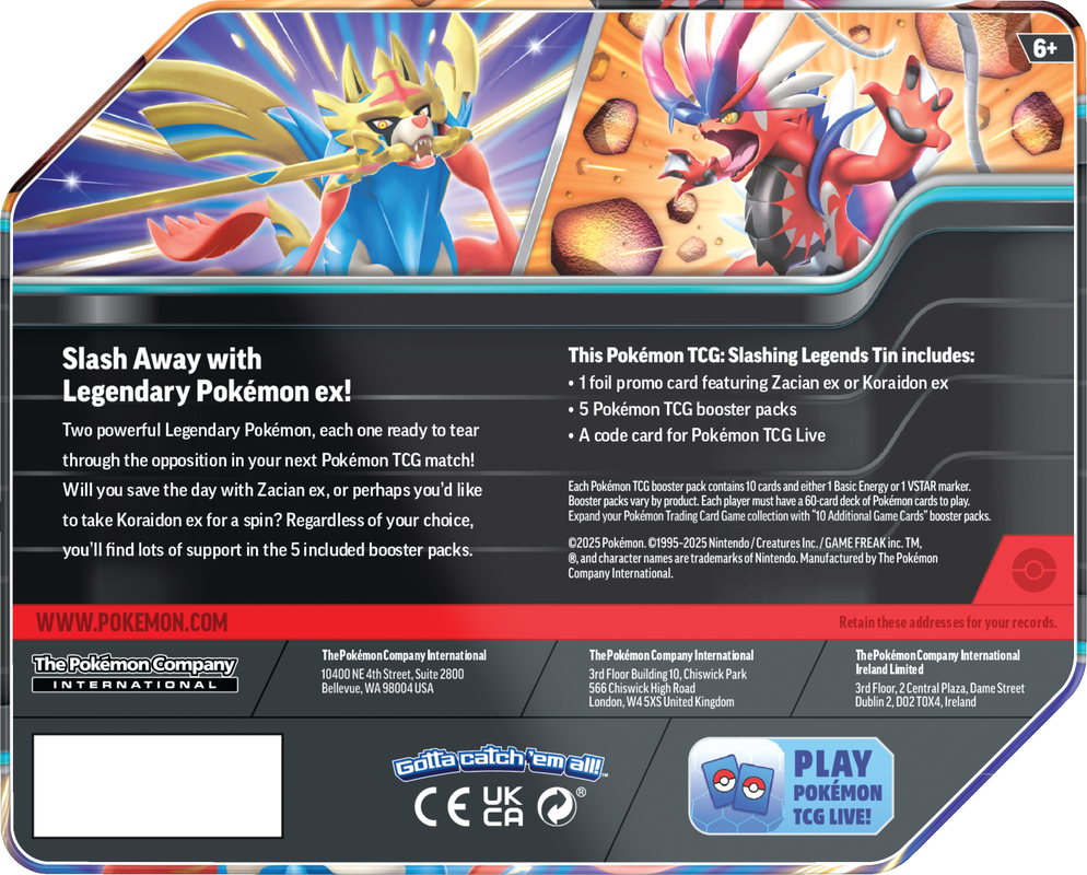 POKEMON SLASHING LEGENDS TIN (Pre-Order) - 1 Random Tin