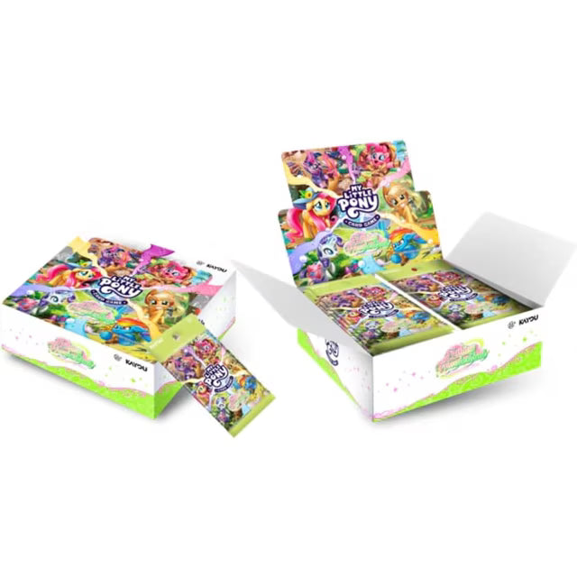My Little Pony display boxes containing multiple booster packs, shown on a plain white background. One box is closed and the other is open to show the packs inside.