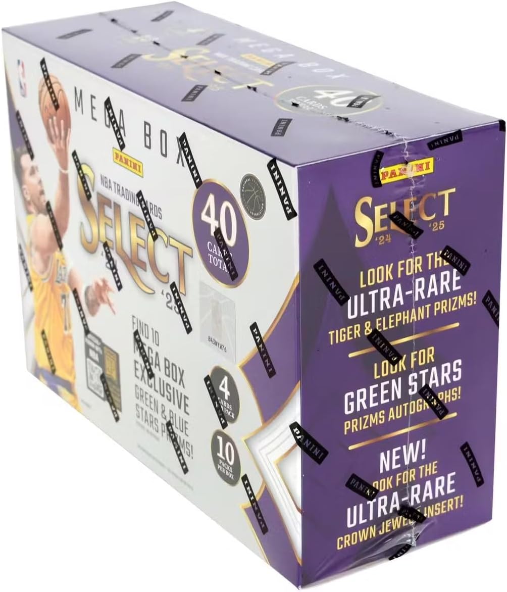 Trading card pack with purple and white design, featuring text and graphics. 2024-25-Panini-Select-Basketball-Mega-Hobby-Box at GamesLand Canada