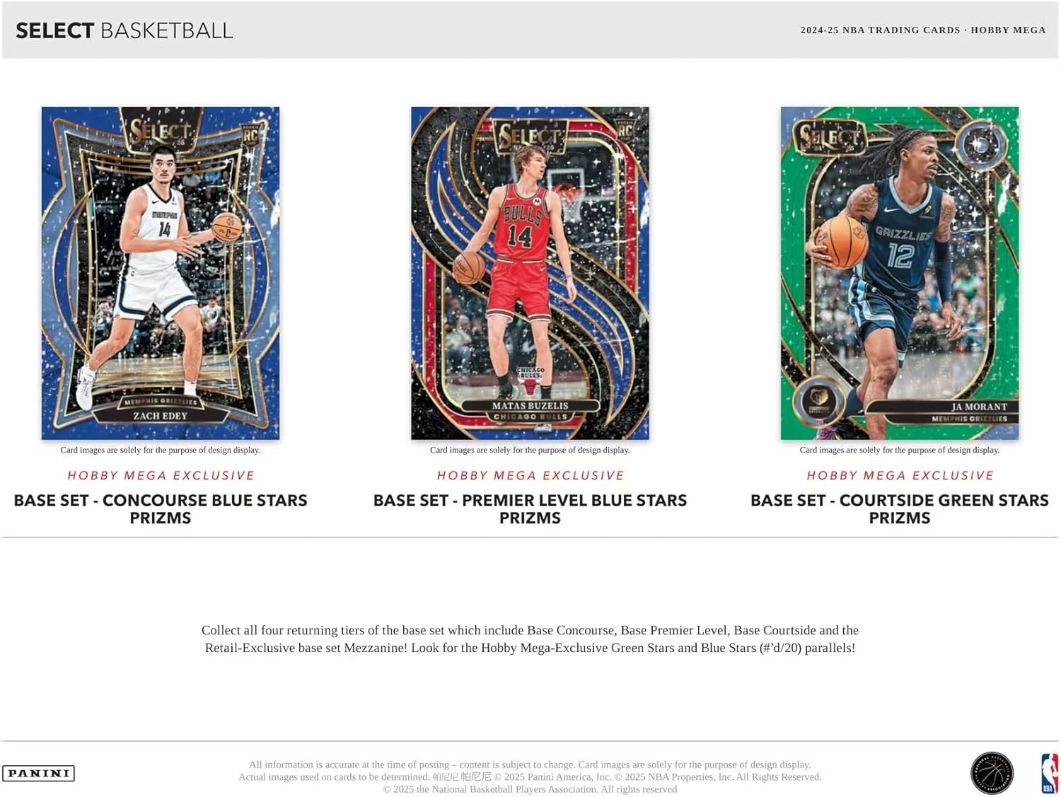 Basketball trading card display with three cards featuring different players on a white background. 2024-25 Panini Select Basketball Mega Hobby Box at GamesLand Canada