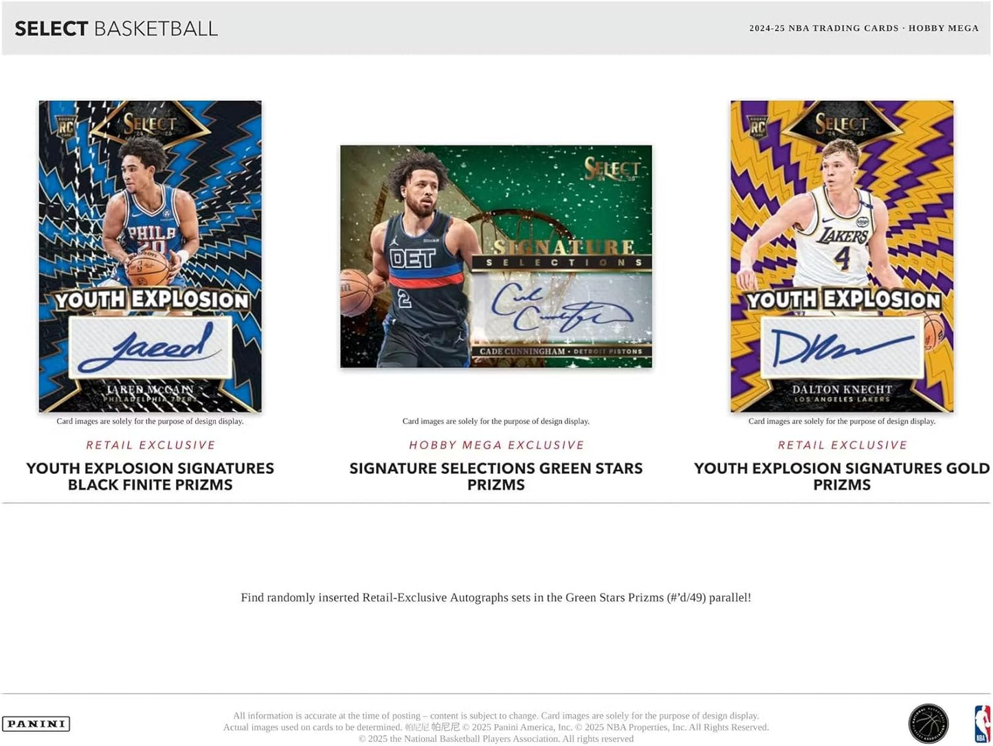 Basketball trading card display with various cards featuring players and autographs on a white background. 2024-25 Panini Select Basketball Mega Hobby Box at GamesLand Canada
