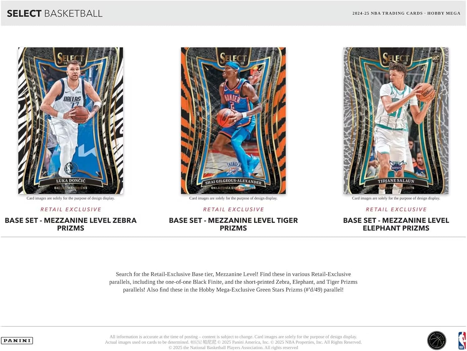 Basketball trading card display with various card designs on a white background. 2024-25-Panini-Select-Basketball-Mega-Hobby-Box at GamesLand Canada