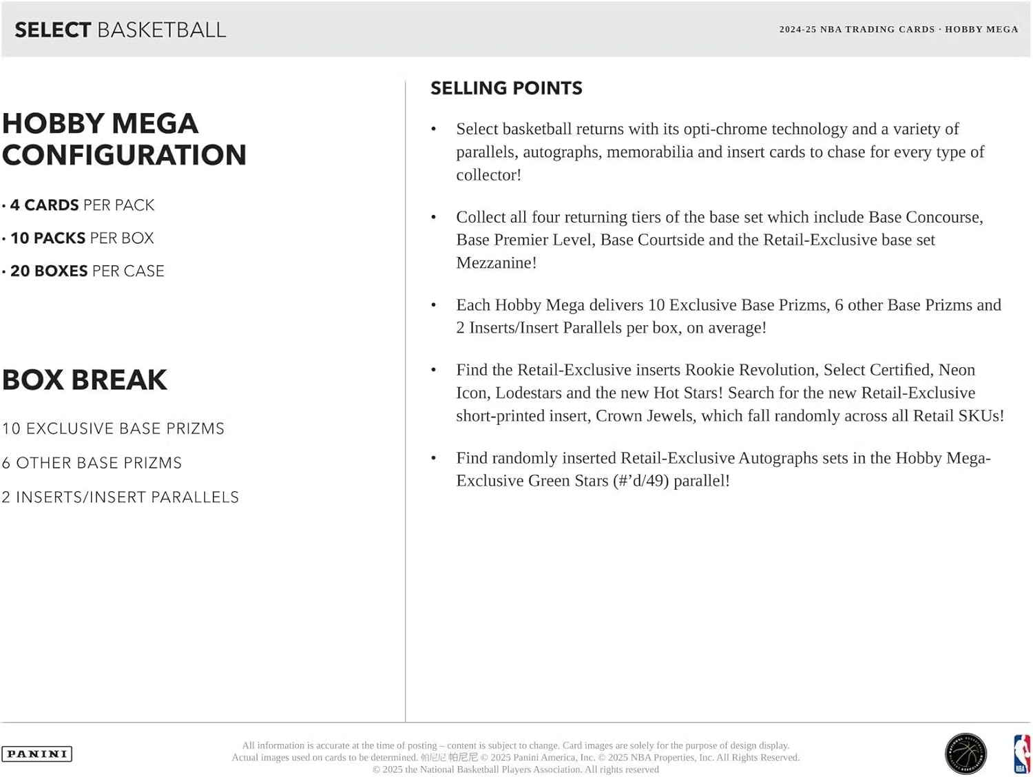 Basketball trading card pack description with hobby mega configuration details.