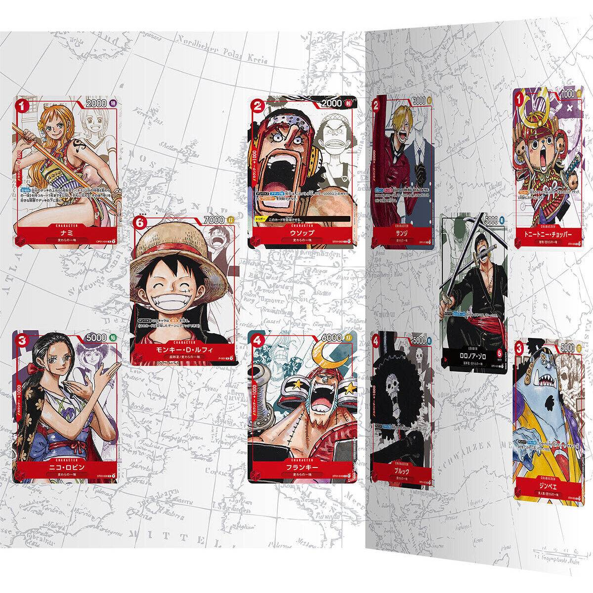 Collection of anime character trading cards on a map background