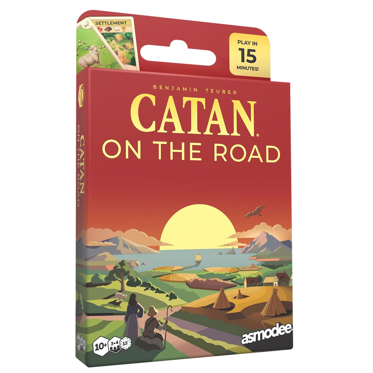 Board game box for 'Catan on the Road' by Asmodee with sunset landscape illustration.