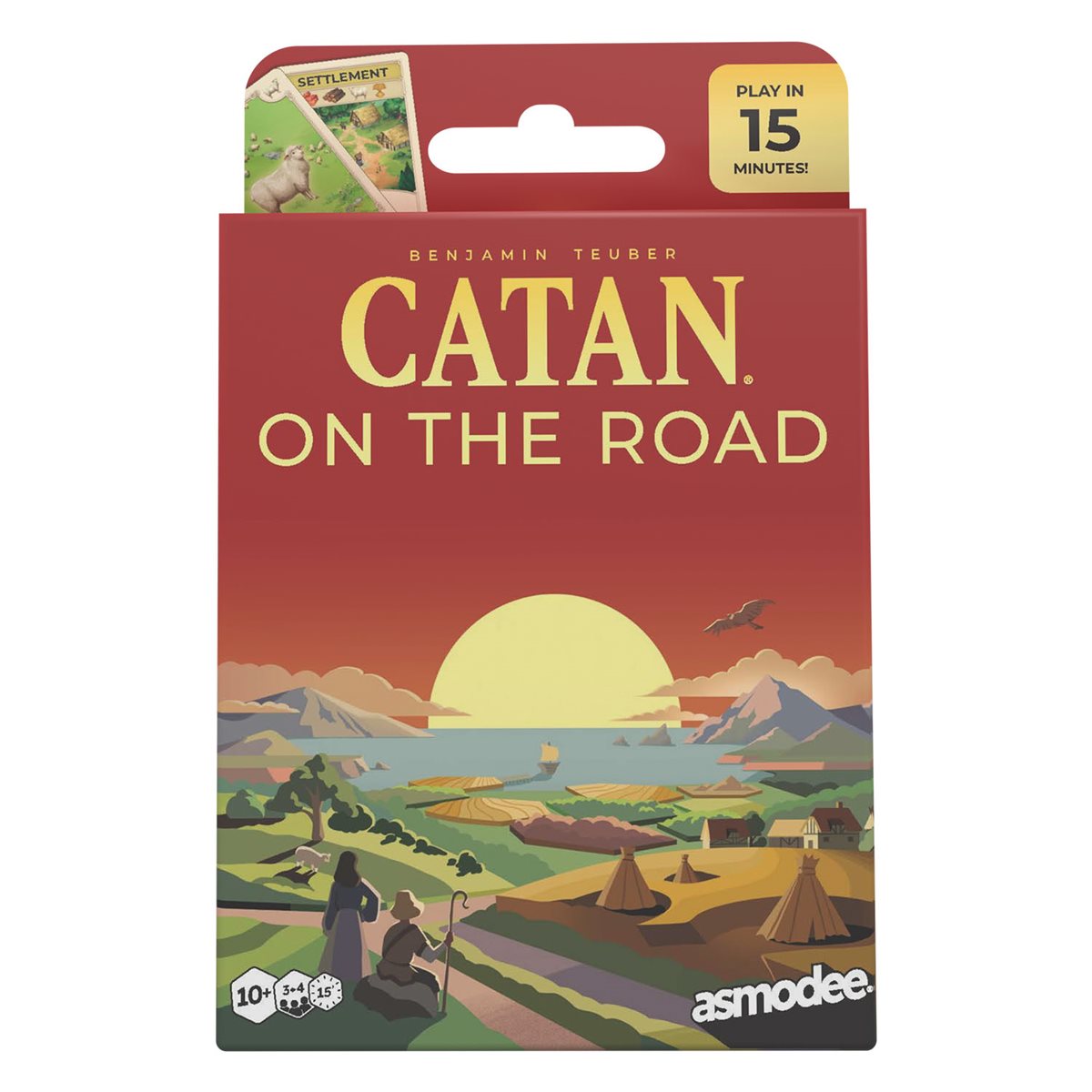 Catan on the Road game box with sunset landscape illustration and Asmodee branding