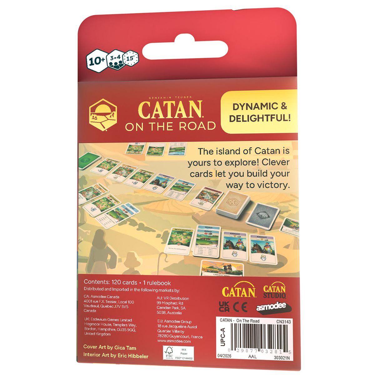 Card game packaging for 'Catan on the Road' with colorful graphics and text.