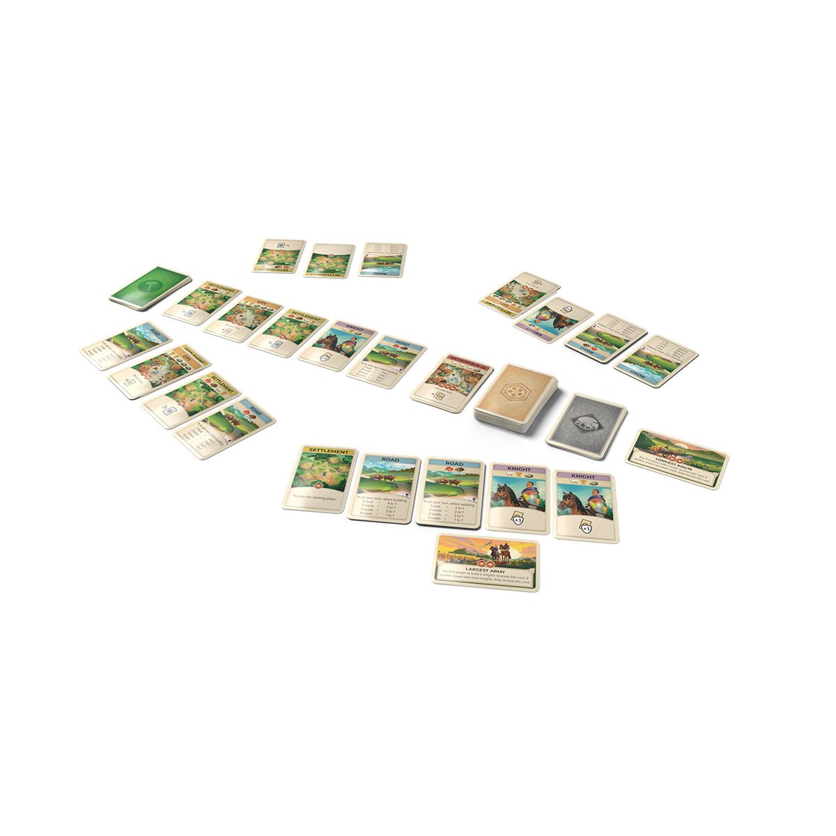 Collection of board game cards arranged on a white background