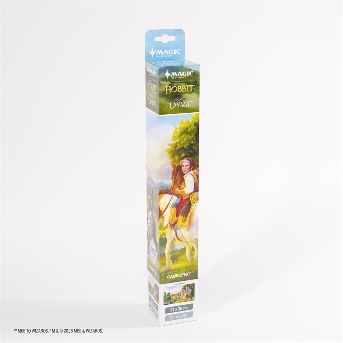 Magic: The Gathering trading card game playmat box for 'The Hobbit' expansion, featuring artwork of a rider on a white horse under a green tree, shown on a clean white background.