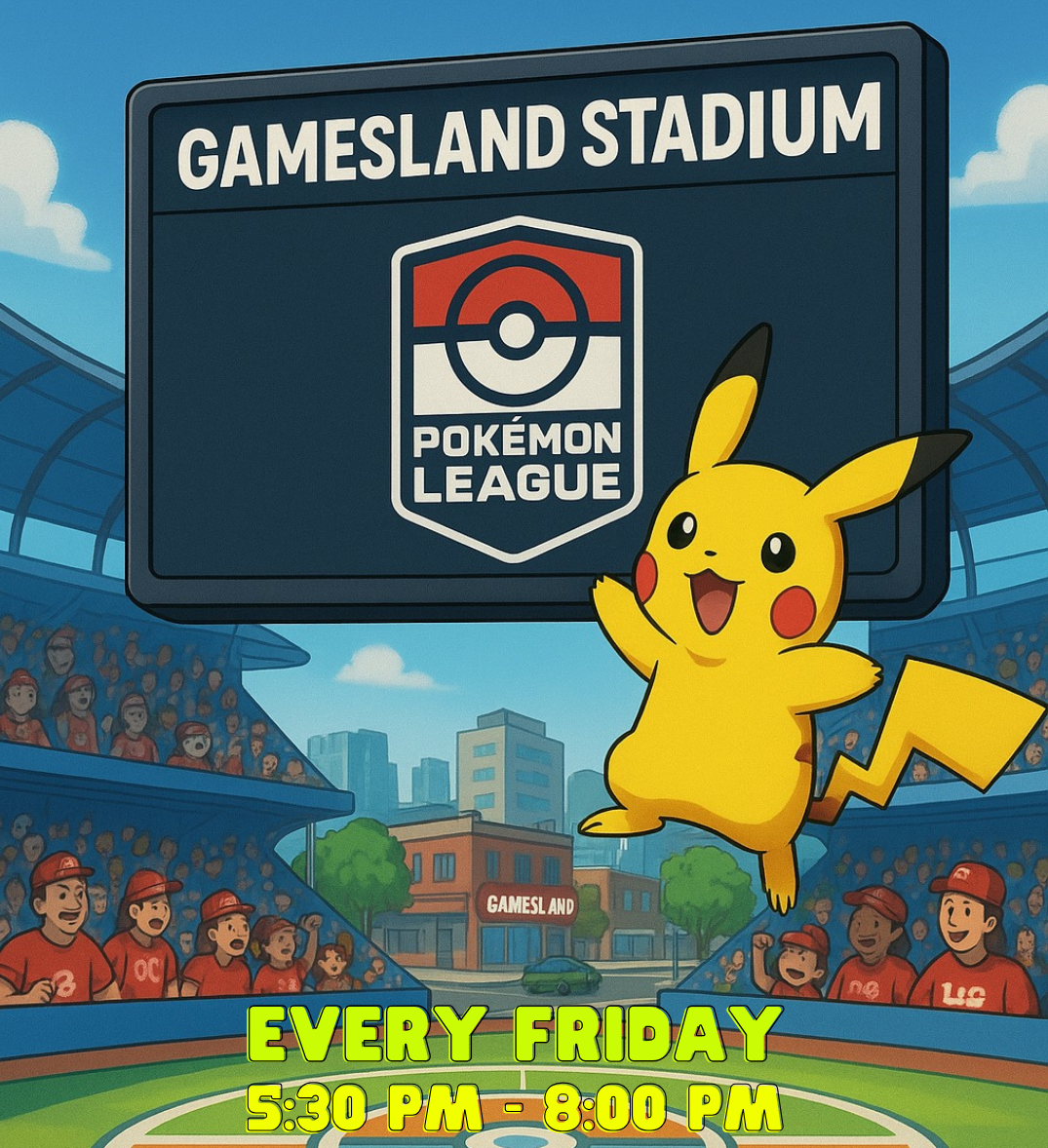 Promotional graphic for a Pokémon event at Gamesland Stadium with Pikachu and stadium background.