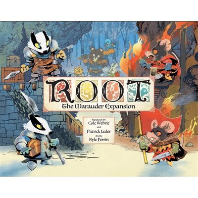 Cover of 'ROOT: The Marauder Expansion' with cartoon characters and fiery background
