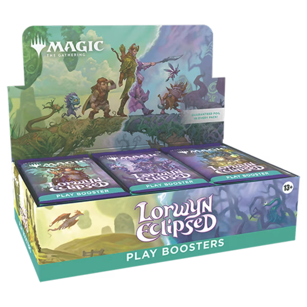 Box of 'Lorwyn Eclipsed' play boosters for 'Magic: The Gathering' with colorful artwork on a white background.