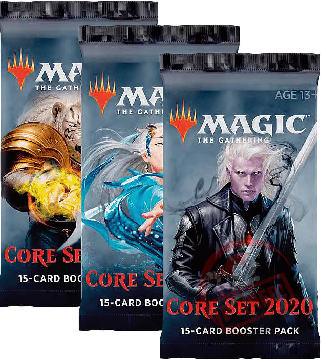 Three 'Magic: The Gathering' booster packs from the Core Set 2020 on a clear background.