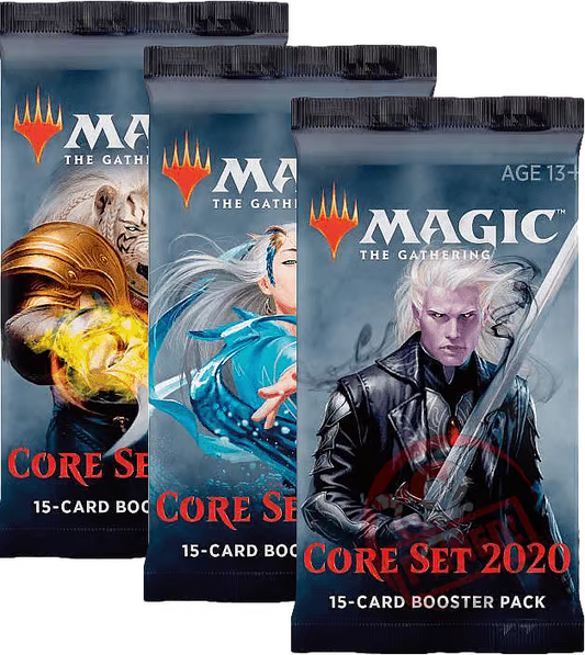 Three 'Magic: The Gathering' booster packs from the Core Set 2020 on a clear background.