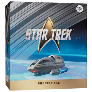 Star Trek Prerelase board game box shown at a slight angle, featuring the Star Trek logo, a spaceship, and a blue space-themed background with a 13+ age rating in the top right corner.