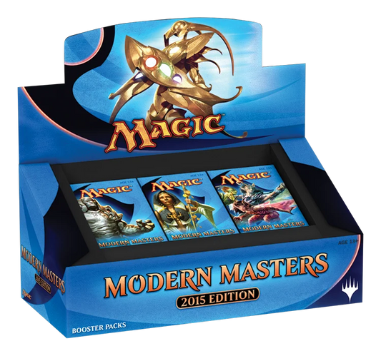 Magic: The Gathering Modern Masters 2015 Edition booster box display with three booster packs visible inside a blue branded retail display.