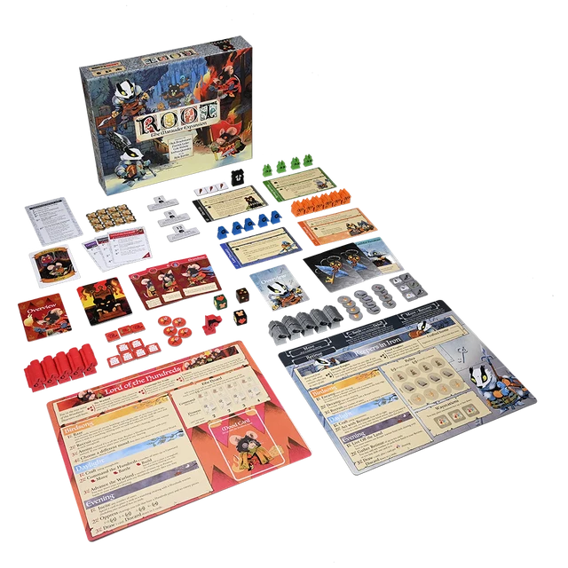 Board game components including cards, dice, and pieces on a white background