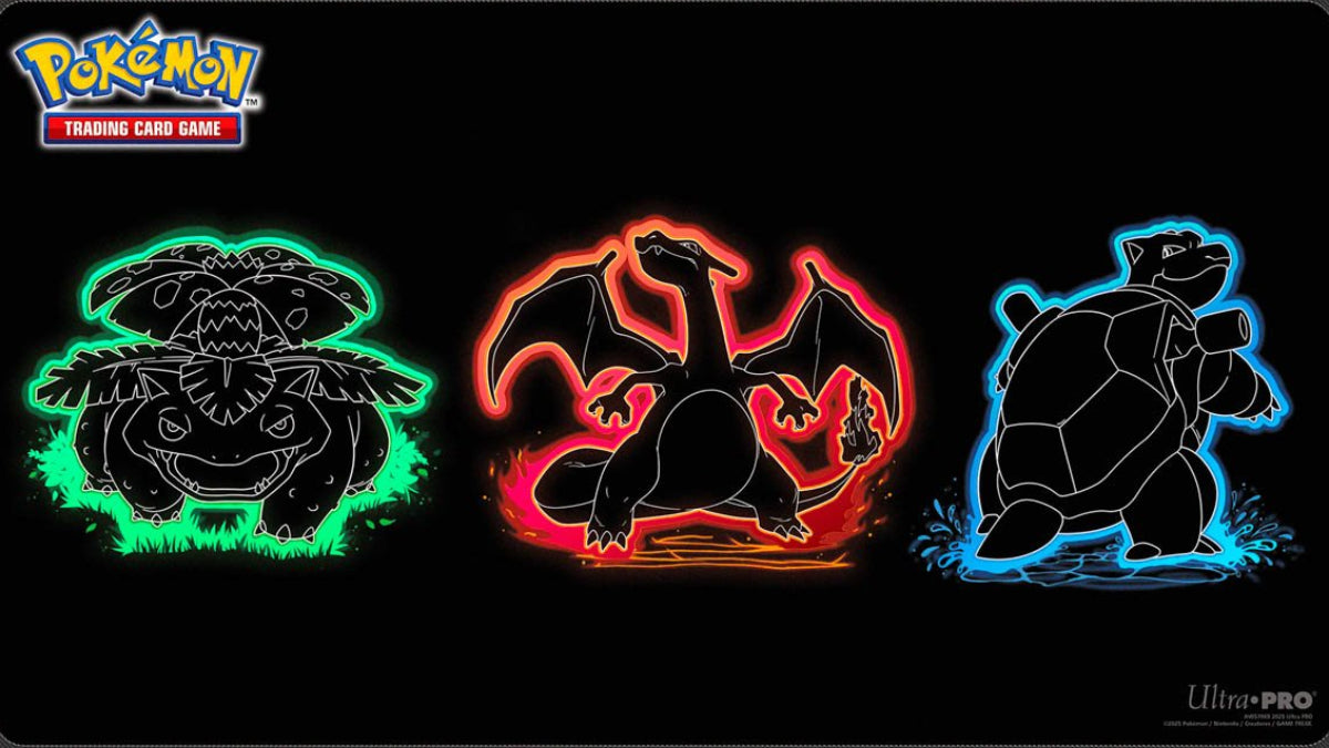 A black Ultra Pro playmat featuring three glowing neon-style Pokémon characters: a green Charizard, a red/orange Mew, and a blue/white Eevee. The Pokémon Trading Card Game logo is printed in the top-left corner, and the Ultra Pro brand logo is in the bottom-right.