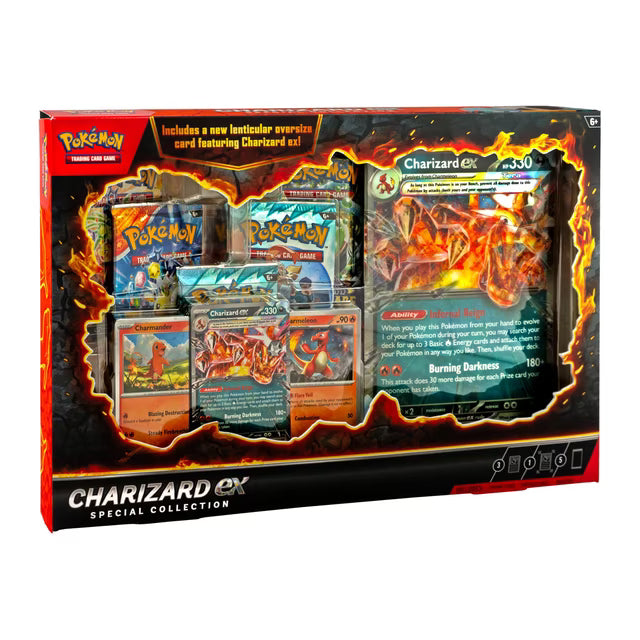 Pokémon Charizard EX Special Collection card game box set, featuring multiple booster packs and a Charizard EX card displayed through a clear window on a black and red box with fiery artwork.