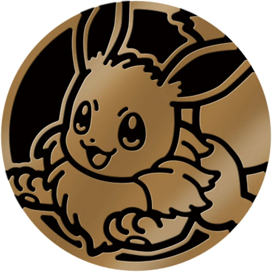 A circular metallic gold medallion featuring a stylized cartoon character with black outlines, shown on a plain white background.