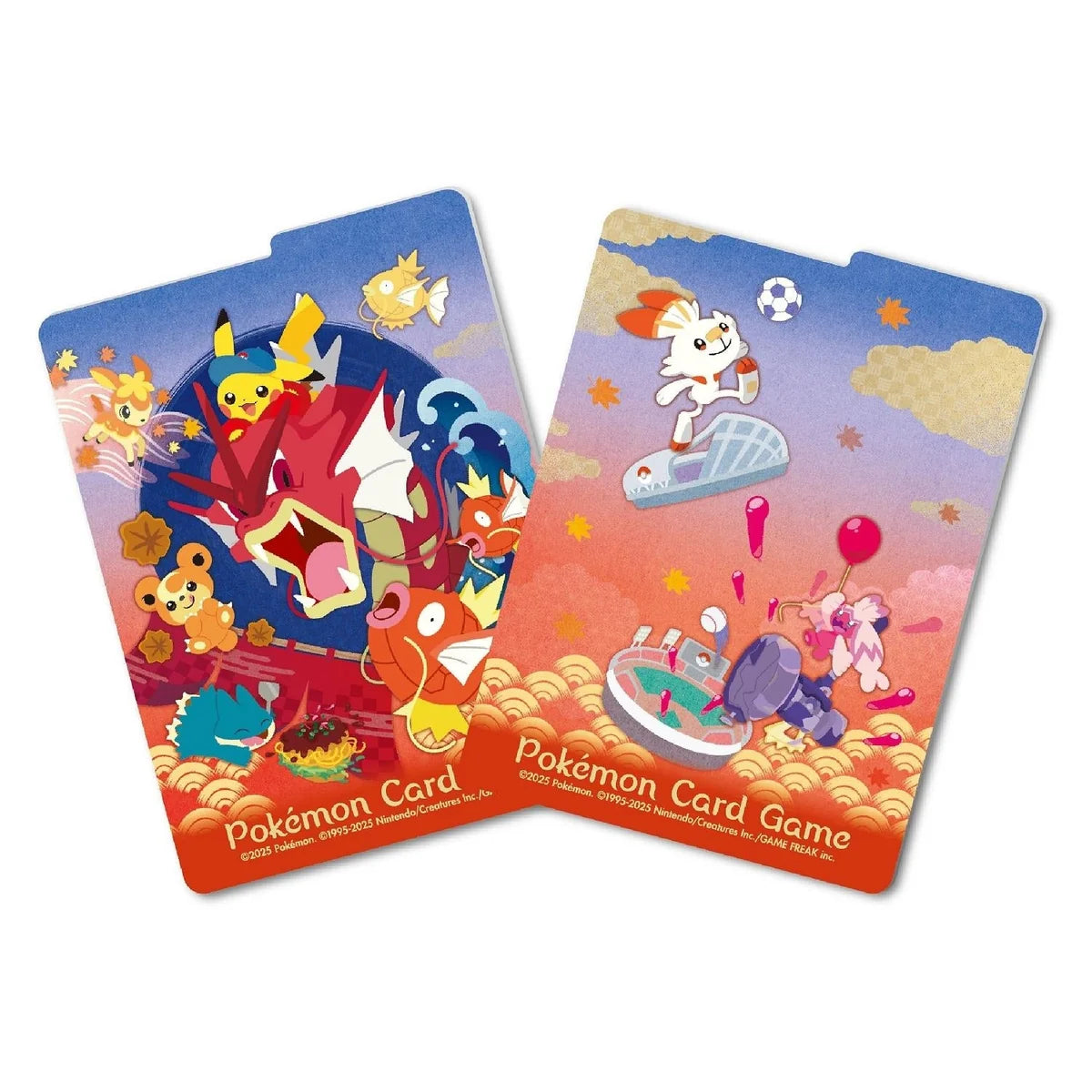 Two colorful Pokémon trading cards on a white background