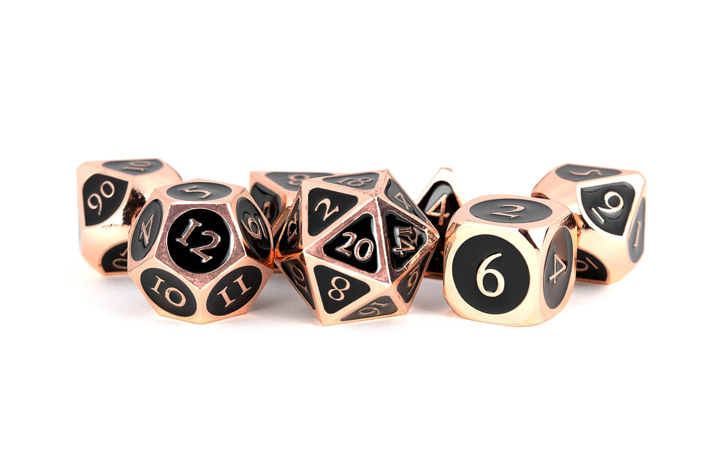 METAL 7 DICE SET COPPER W/BLACK ENAMEL 16MM - GamesLand Canada