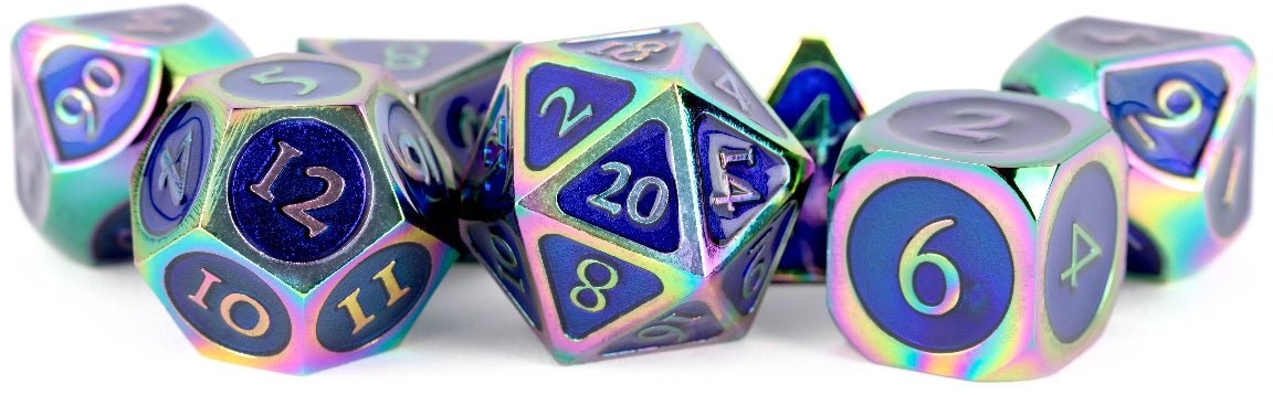 METAL 7 DICE SET RAINBOW W/BLUE ENAMEL 16MM - GamesLand Canada
