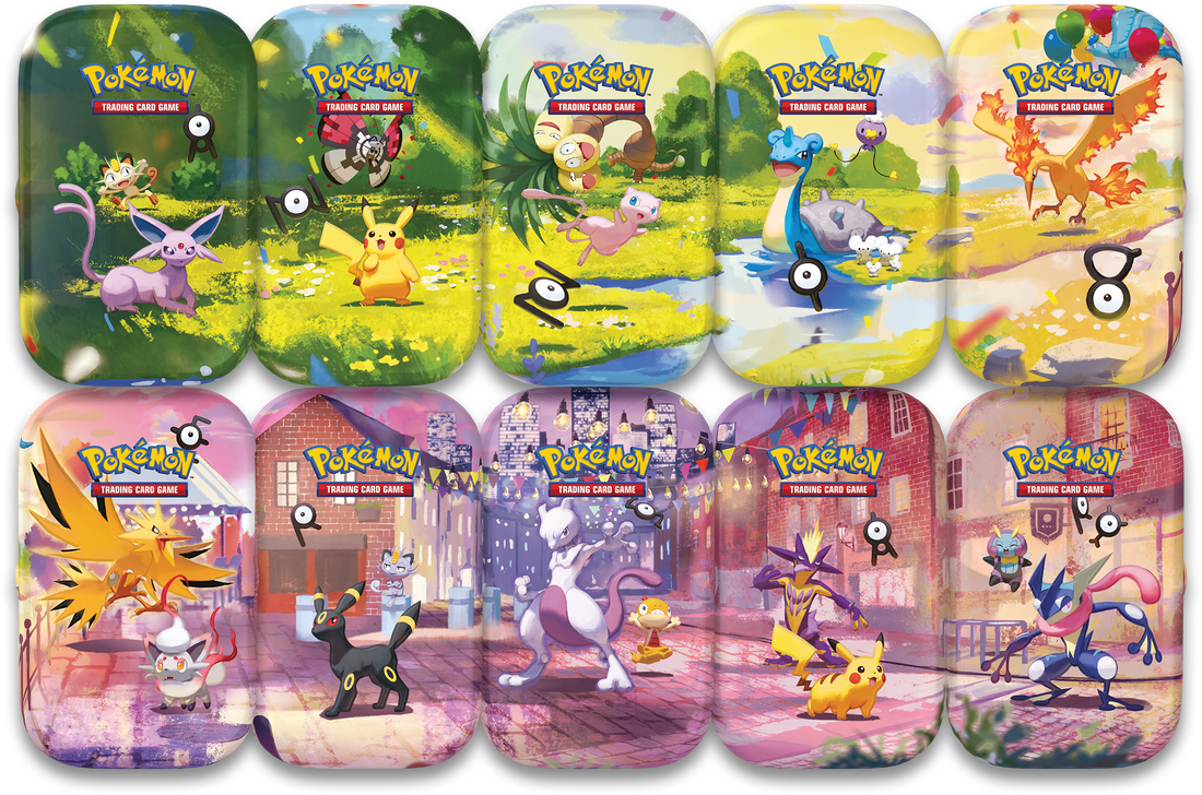 A set of 10 Pokémon Trading Card Game tins. Each box features a different colorful illustration from the Pokémon games, including characters like Pikachu, Eevee, Mew, and Eevee's city scenes.