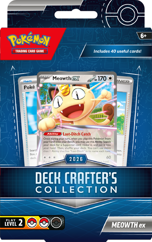Pokémon Trading Card Game Deck Crafter's Collection card deck box featuring Meowth ex artwork and text for a level 2 deck.