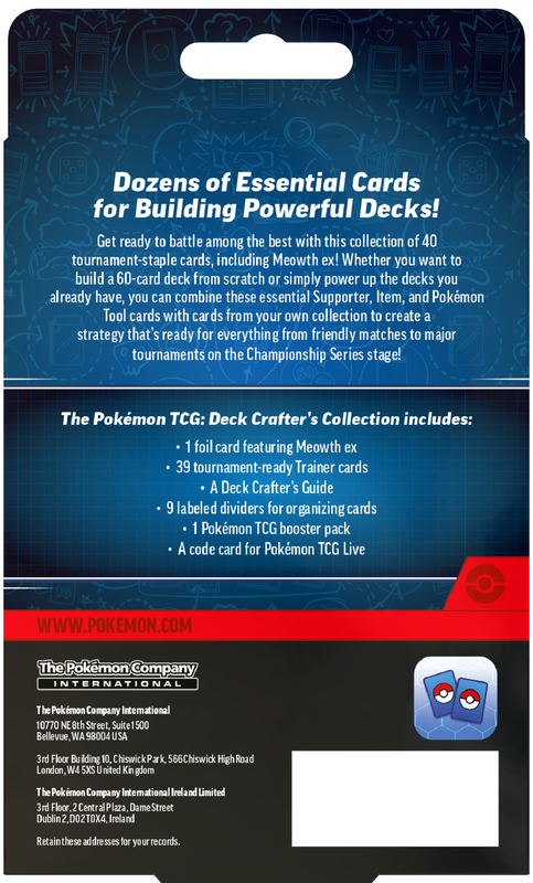 Back of a Pokémon TCG Deck Crafter's Collection card pack, featuring a dark blue header with white text, a red band at the bottom, and a Pokémon logo in the lower right corner.