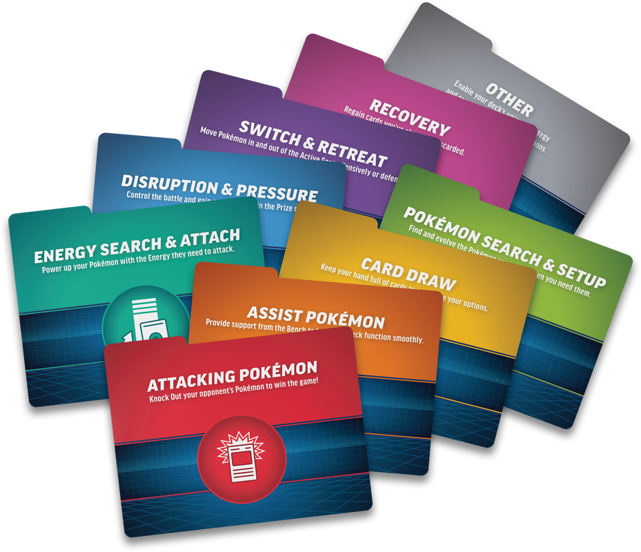 A fan-like arrangement of colorful Pokémon game cards on a plain white background. The cards feature different bright colors including teal, purple, pink, yellow, green, orange, red, and gray, with white text and dark blue gradient borders.
