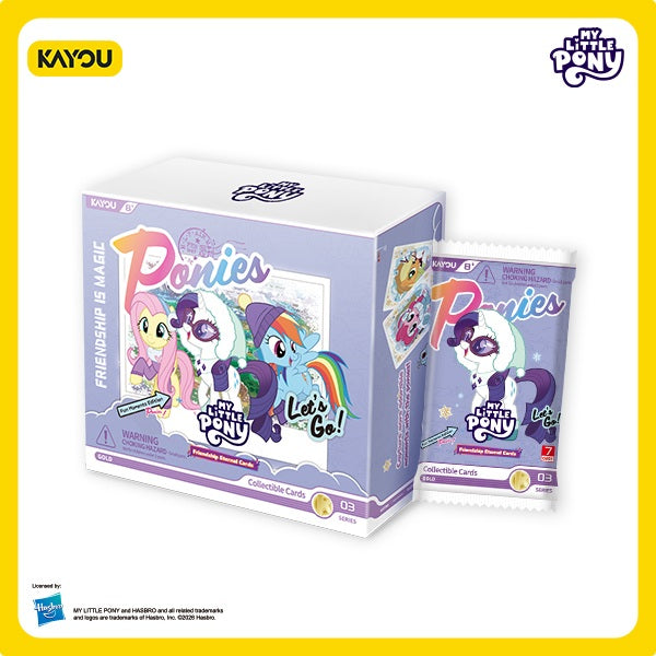 KAYOU My Little Pony Friendship is Magic collectible card box and one individual blind card pack, featuring purple packaging with colorful cartoon pony illustrations on a white background with a yellow border.