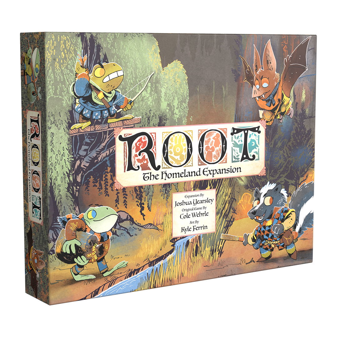 Board game box for 'Root: The Homeland Expansion' with colorful illustrations of characters on a forest background.