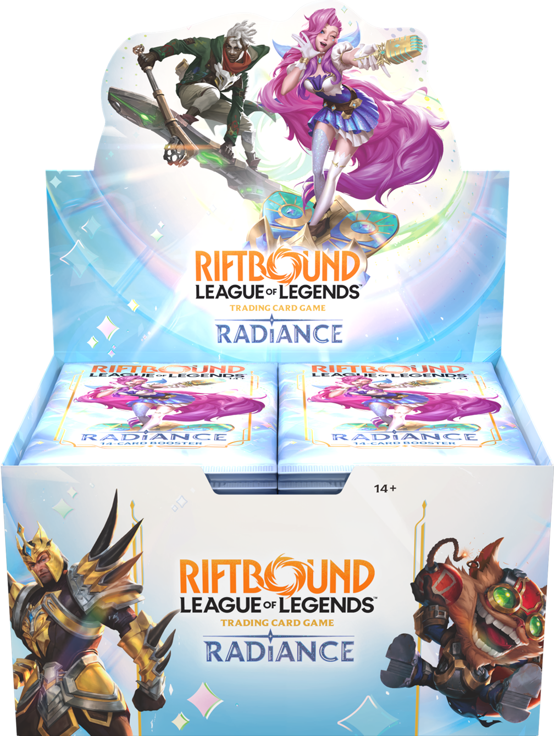 Riftbound League of Legends Radiance trading card game packaging with characters on a white background