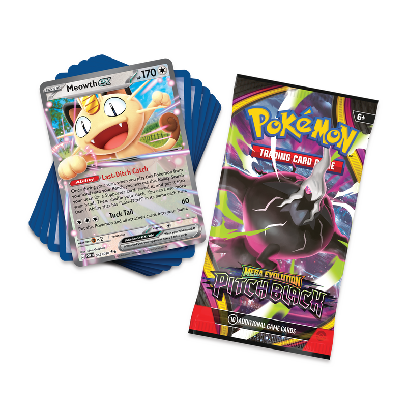 A Pokémon Trading Card Game booster pack standing next to a sample of blue card sleeves with a visible Meowth card on top, photographed on a clean white background.
